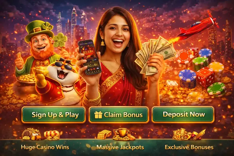 Happy woman in traditional saree celebrating casino win with cash and bonus offers