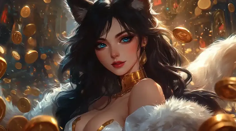 Elegant female character with cat ears surrounded by golden coins and mystical atmosphere
