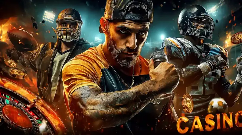 Dynamic sports betting scene with football players and intense gaming atmosphere